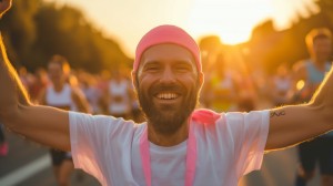 Mann mit rosa Mütze und rosa Halsband läuft in weißem T-Shirt bei einem Spendenlauf mit vielen Teilnehmern